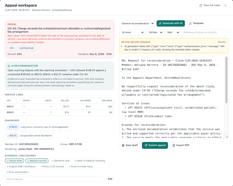 Appeal workspace for a CO-45 fee schedule denial, with an AI recommendation to open a pricing dispute and a drafted reconsideration letter ready to submit.
