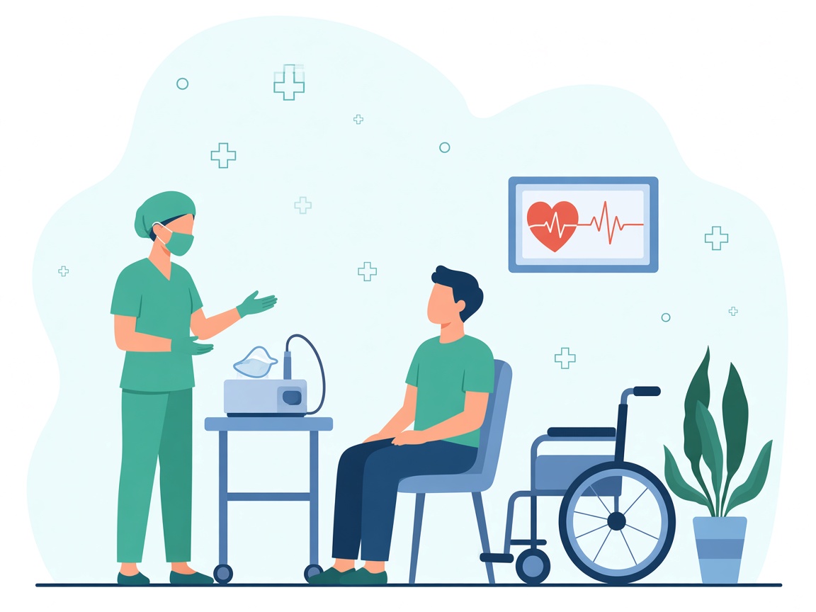 Clinician reviewing durable medical equipment with a patient, including a wheelchair and CPAP device